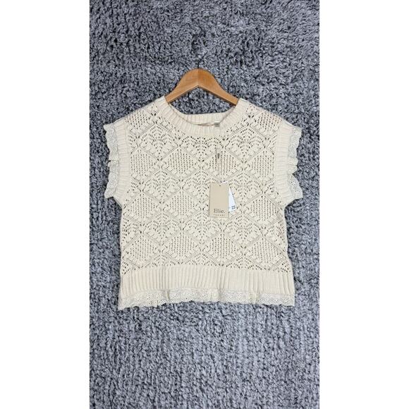 Elie Tahari Short Sleeve Sweater Size Medium Cream Open Knit Lace Accents - Picture 2 of 9